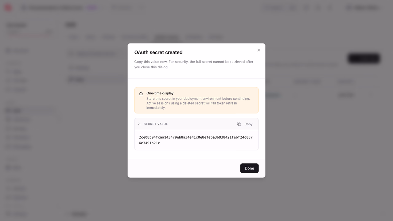 The client secret shown once on creation