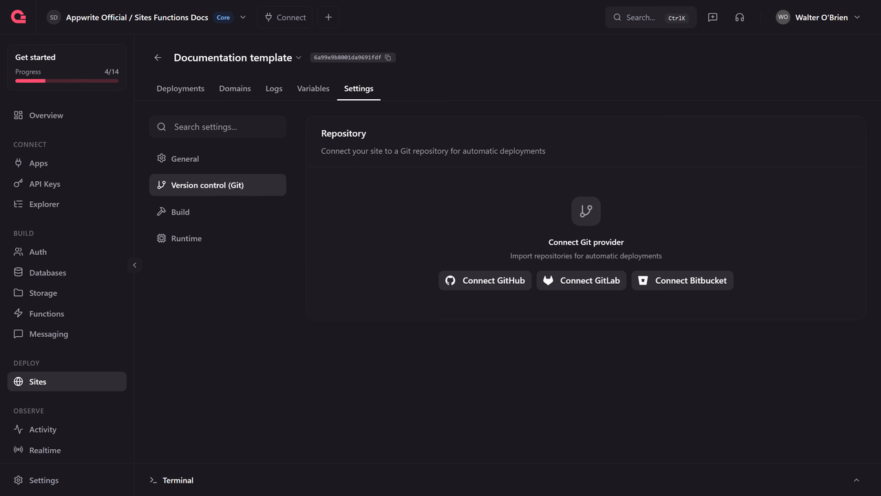 The Version control settings of a Site with Connect GitHub, Connect GitLab, and Connect Bitbucket buttons