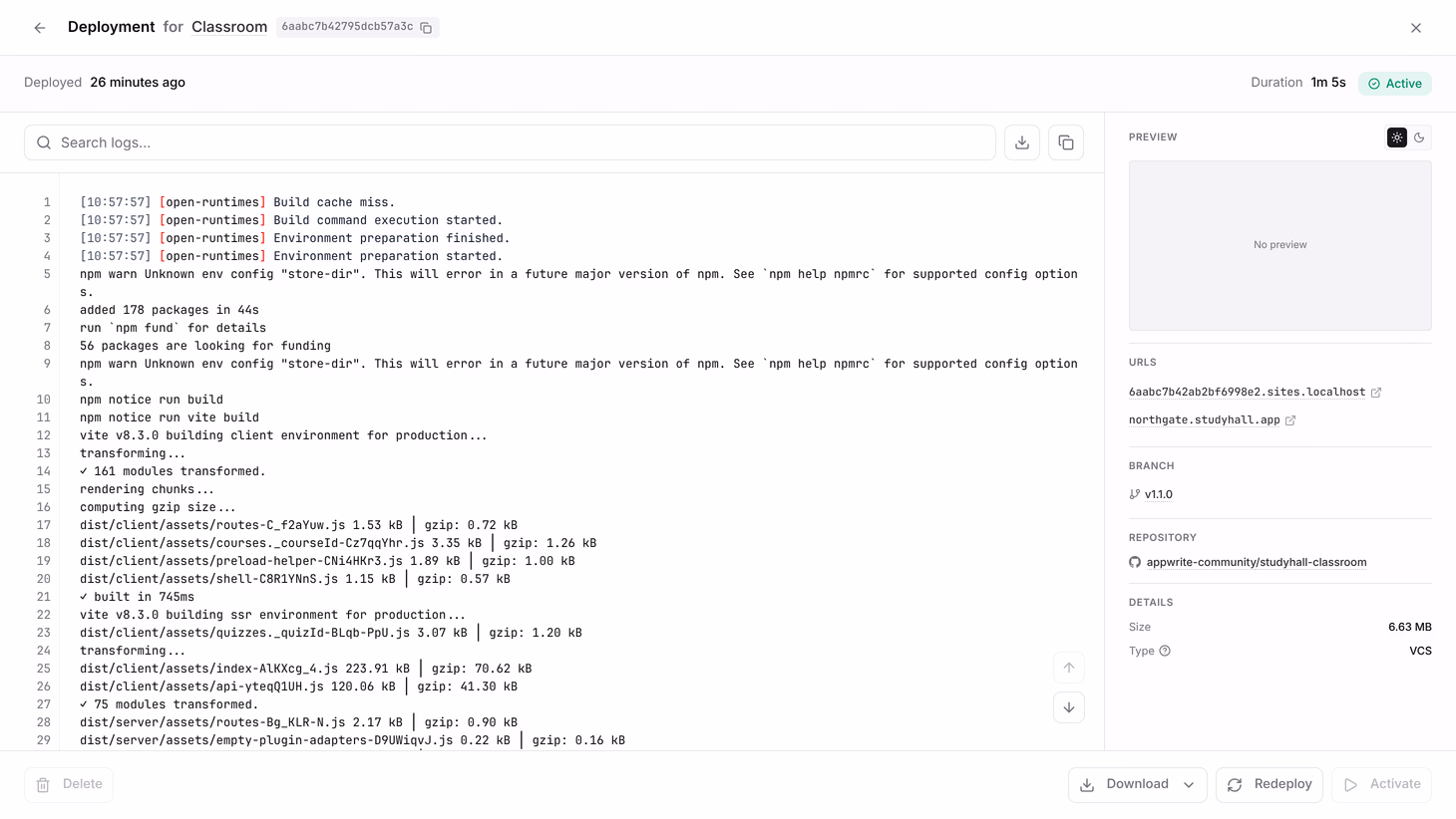 Branch, repository, and commit in the deployment panel